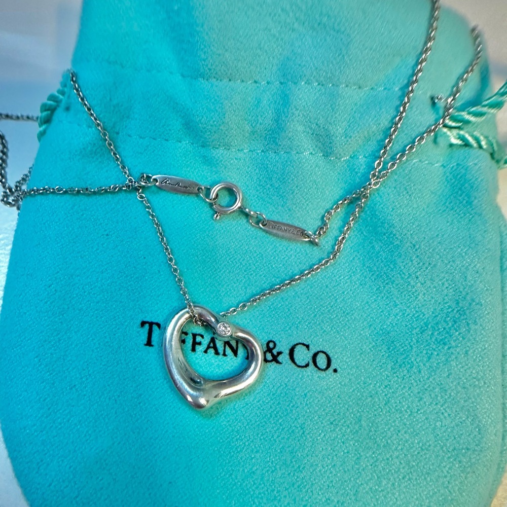 Tiffany & Co. Elsa Peretti Silver Open Heart Pendant Diamond -16mm - 16" Long